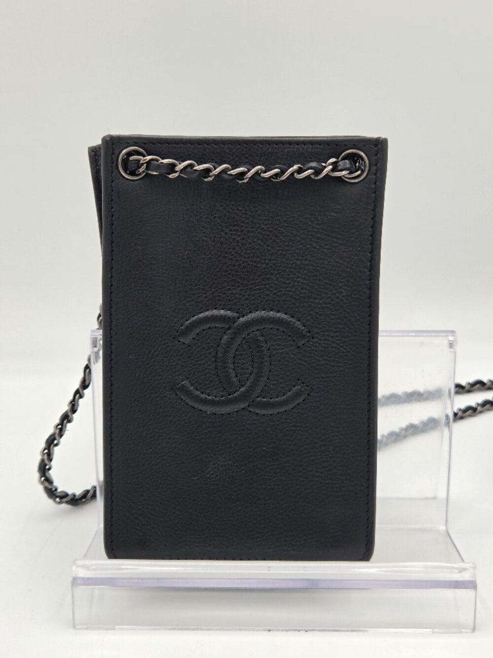 Chanel Calfskin Leather Phone Holder Crossbody | Black | Silver Hardware |